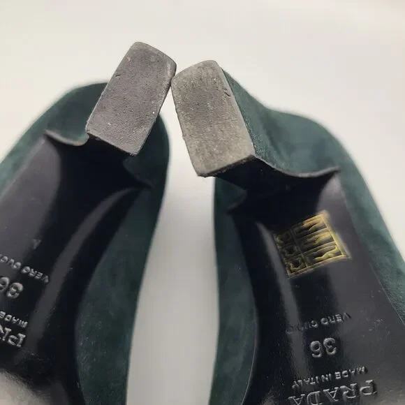 Prada Heel Pumps Shoes Donna Calzature Green Black Suede Cap Toe Sz 6 36 Used - Picture 10 of 10